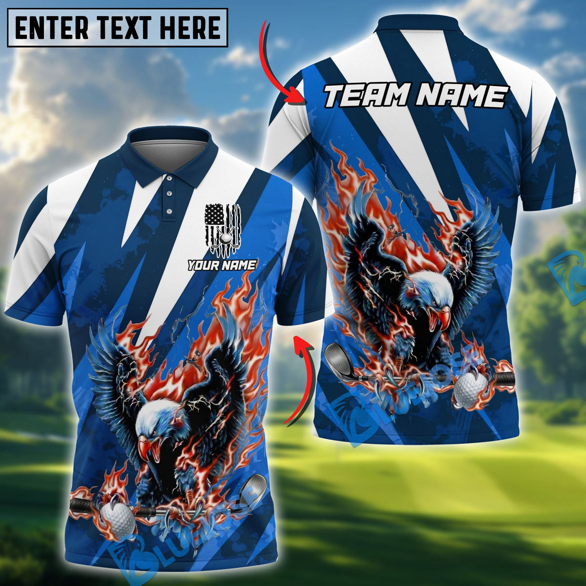BlueJose Flame Strike Eagle Golf Polo Personalized Name, Team Name 3D Shirt (4 Colors)