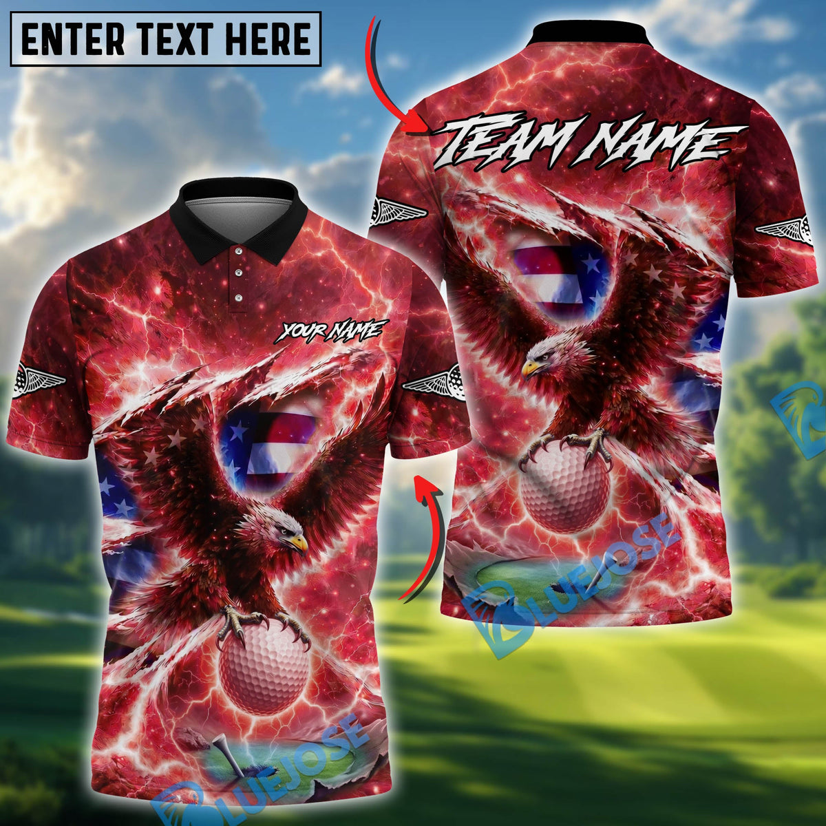BlueJose Eagle Strike Lightning Golf Polo Personalized Name, Team Name 3D Shirt (4 Colors)