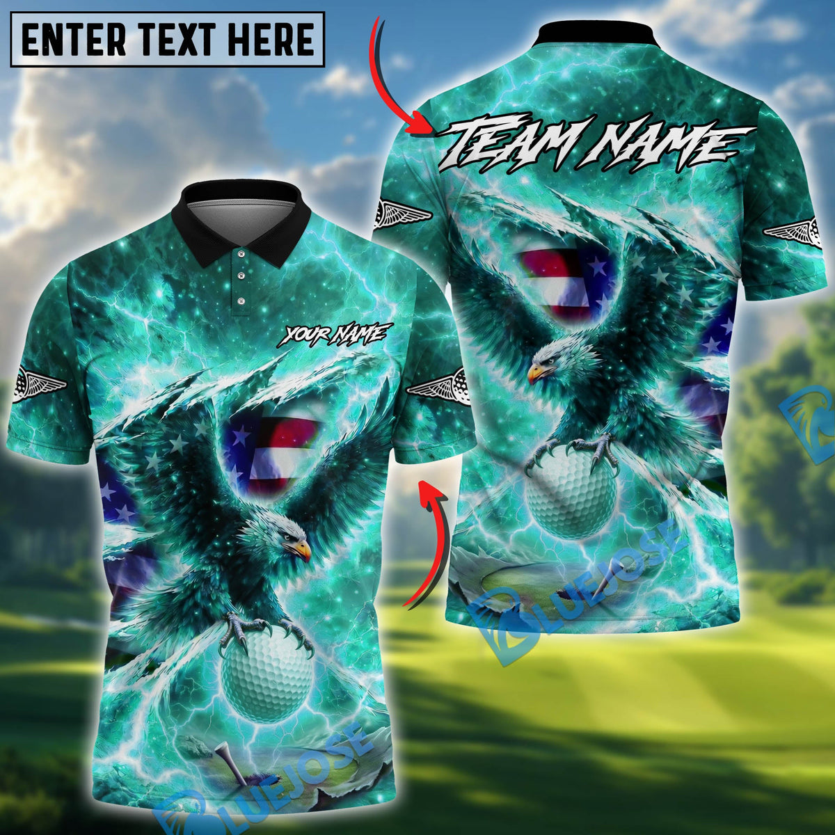 BlueJose Eagle Strike Lightning Golf Polo Personalized Name, Team Name 3D Shirt (4 Colors)