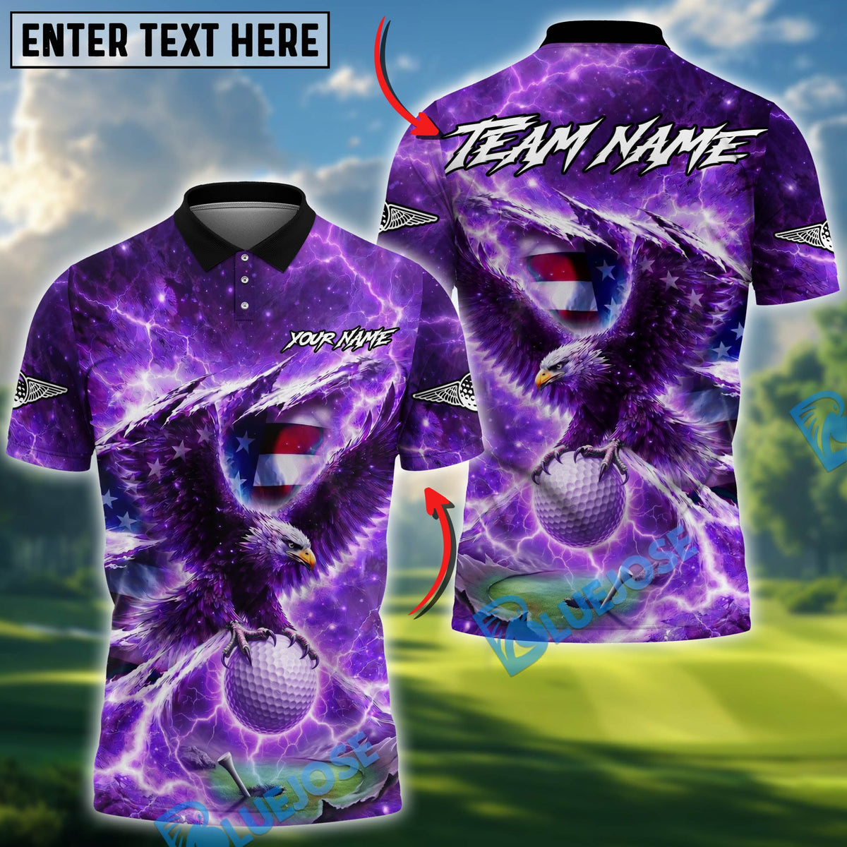 BlueJose Eagle Strike Lightning Golf Polo Personalized Name, Team Name 3D Shirt (4 Colors)