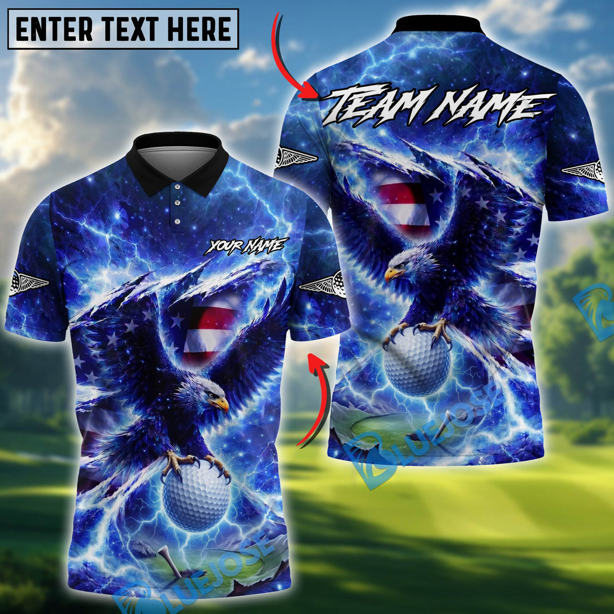 BlueJose Eagle Strike Lightning Golf Polo Personalized Name, Team Name 3D Shirt (4 Colors)