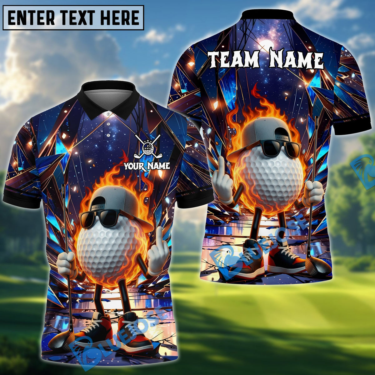 BlueJose Savage Fireball Funny Golf Polo Customized Name, Team Name 3D Shirts