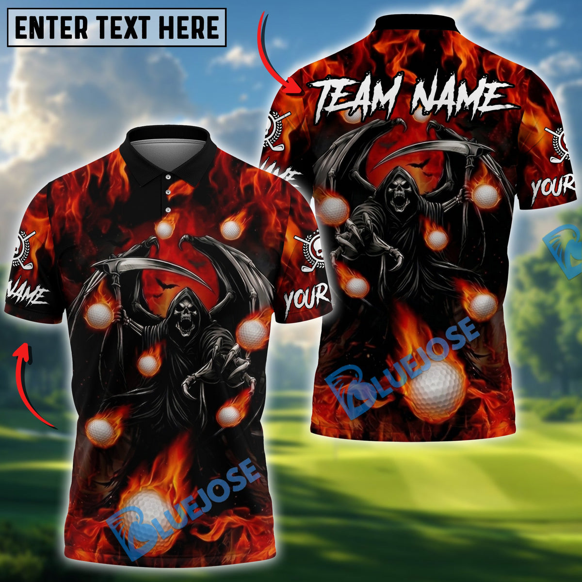 BlueJose Flaming Reaper Strike Golf Polo Personalized Name, Team Name 3D Shirt (4 Colors)