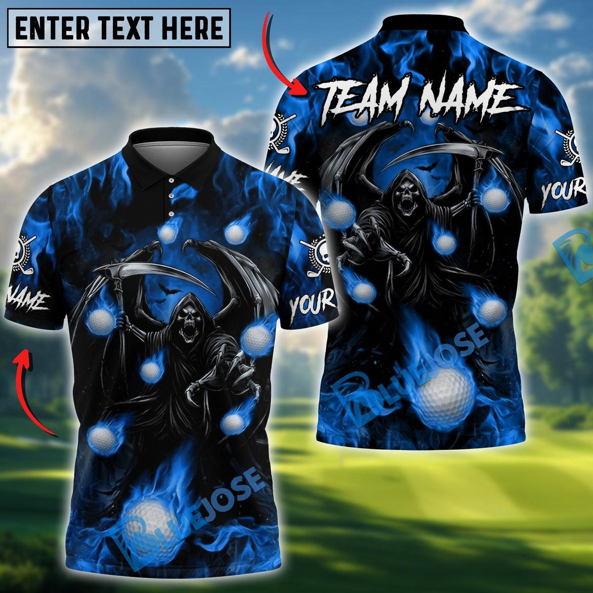BlueJose Flaming Reaper Strike Golf Polo Personalized Name, Team Name 3D Shirt (4 Colors)