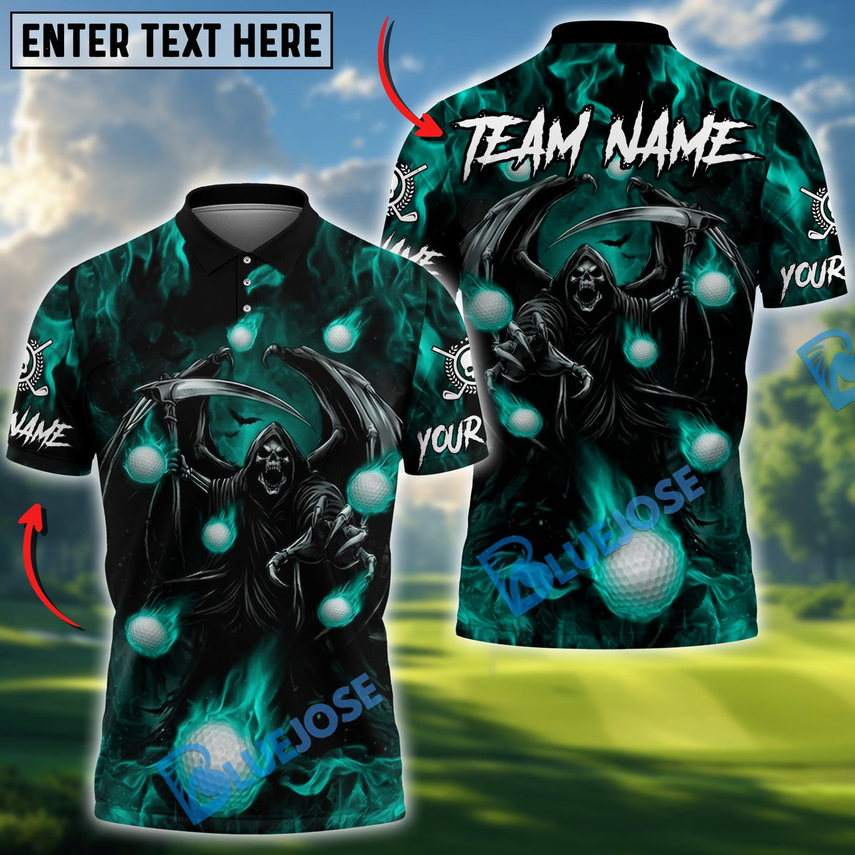 BlueJose Flaming Reaper Strike Golf Polo Personalized Name, Team Name 3D Shirt (4 Colors)
