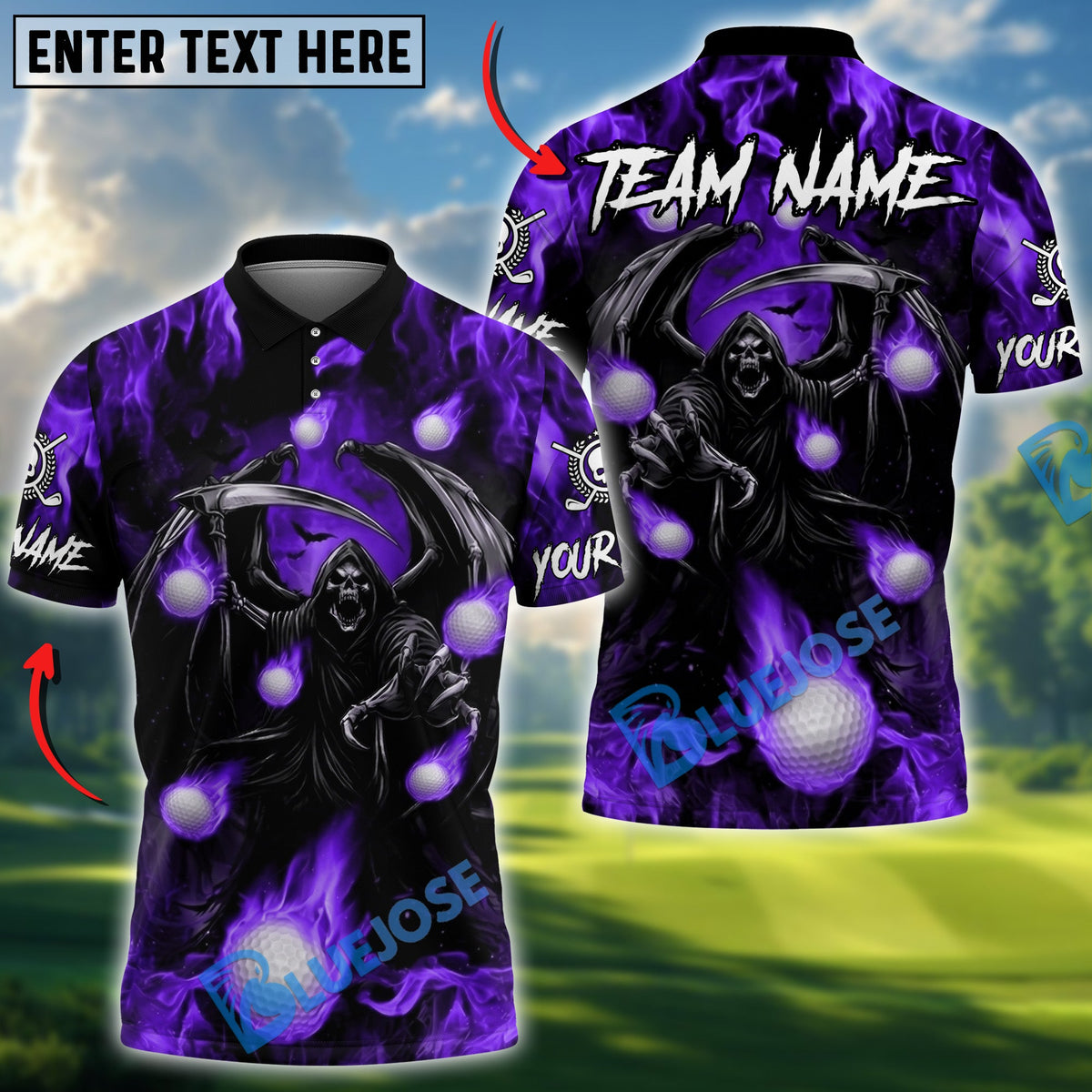 BlueJose Flaming Reaper Strike Golf Polo Personalized Name, Team Name 3D Shirt (4 Colors)