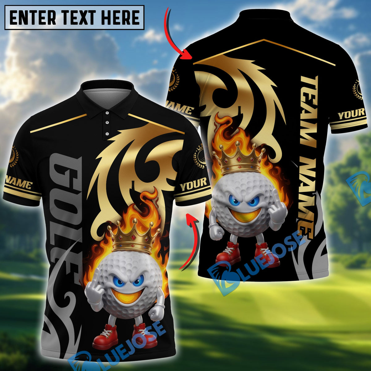 BlueJose Fire King Golf Polo Customized Name, Team Name 3D Shirts