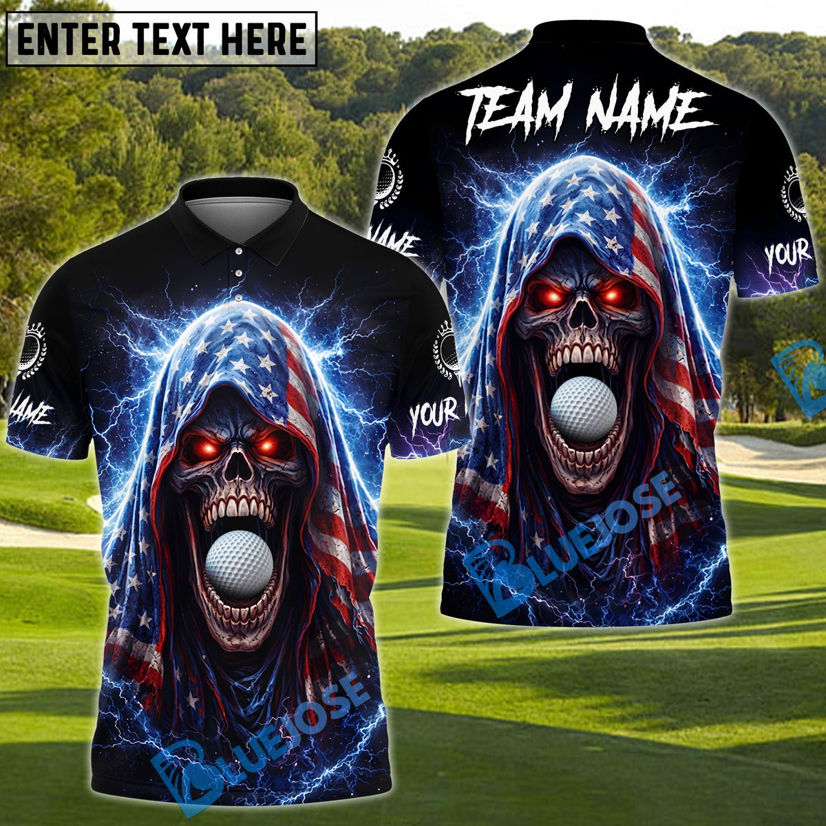 BlueJose Patriot Skull Thunder Golf Polo Customized Name, Team Name 3D Shirts