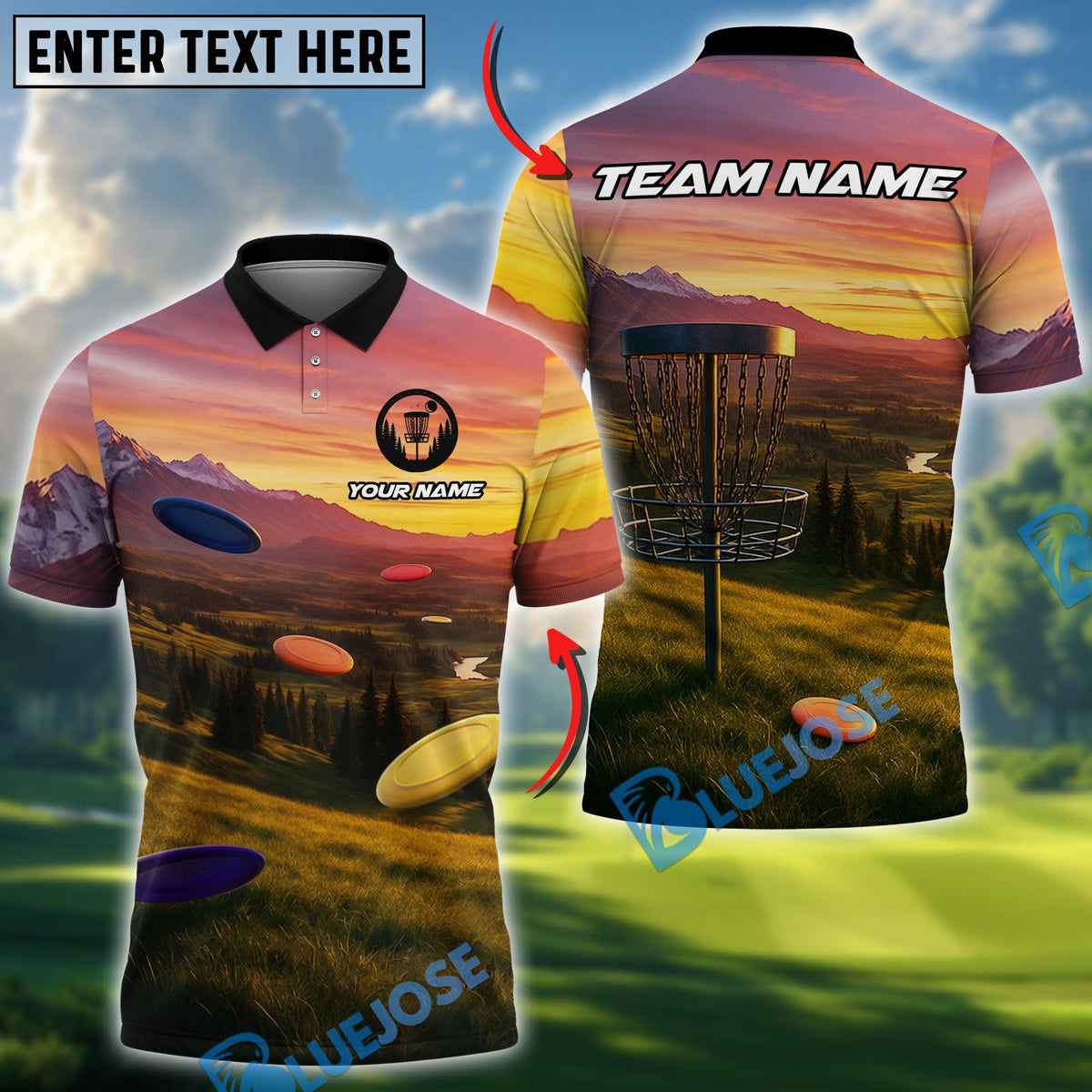BlueJose Sunset Mountain Disc Golf Polo Customized Name, Team Name 3D Shirts