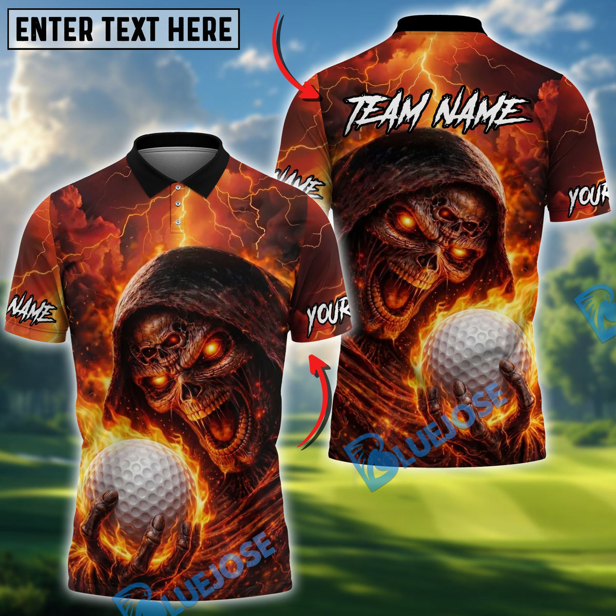 BlueJose Blazing Reaper Golf Shirt Personalized Name, Team Name 3D Shirt (4 Colors)