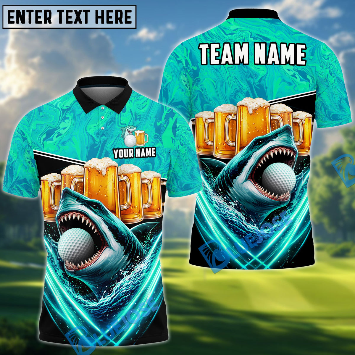 BlueJose Shark & Beer Golf Polo Personalized Name, Team Name 3D Shirt (4 Colors)