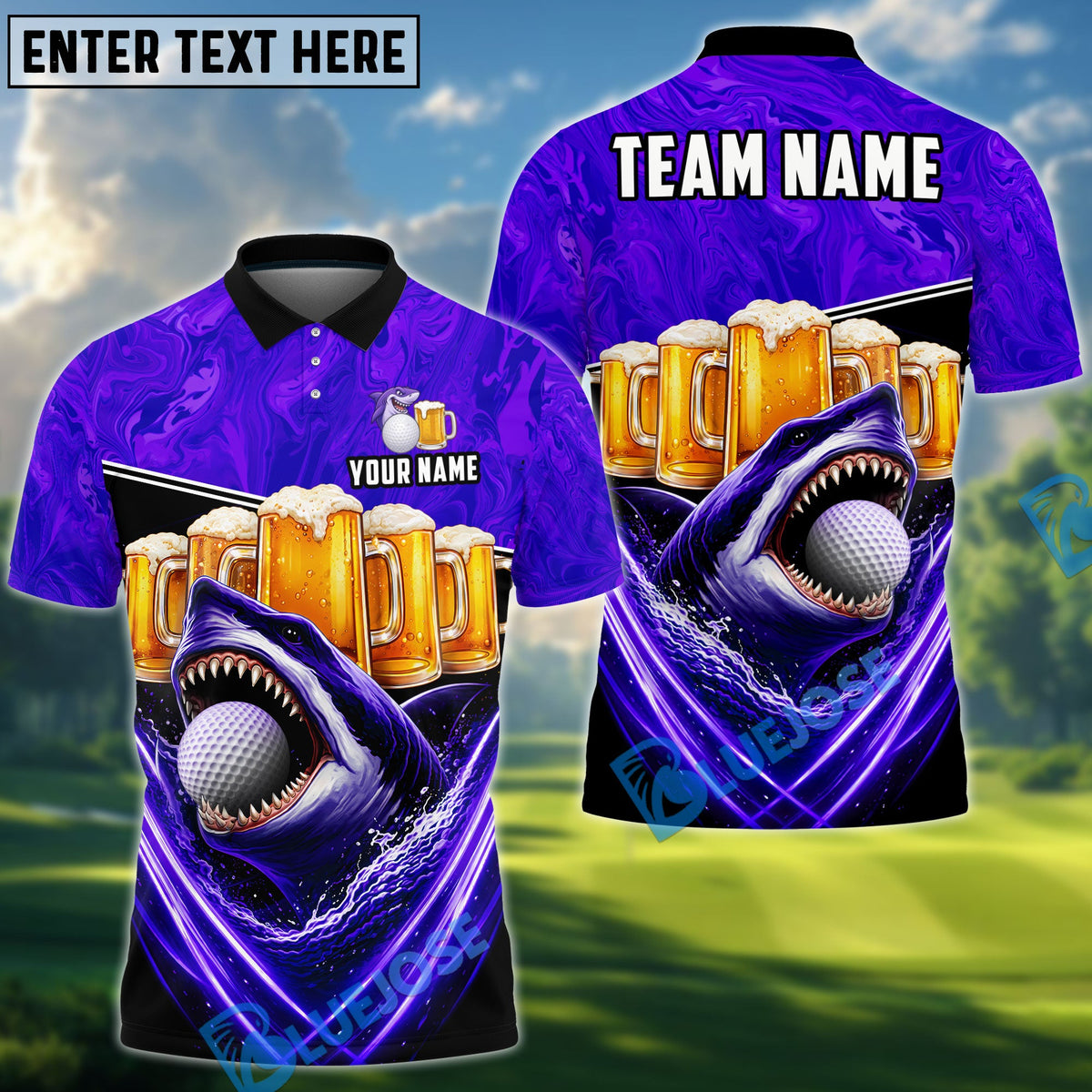 BlueJose Shark & Beer Golf Polo Personalized Name, Team Name 3D Shirt (4 Colors)