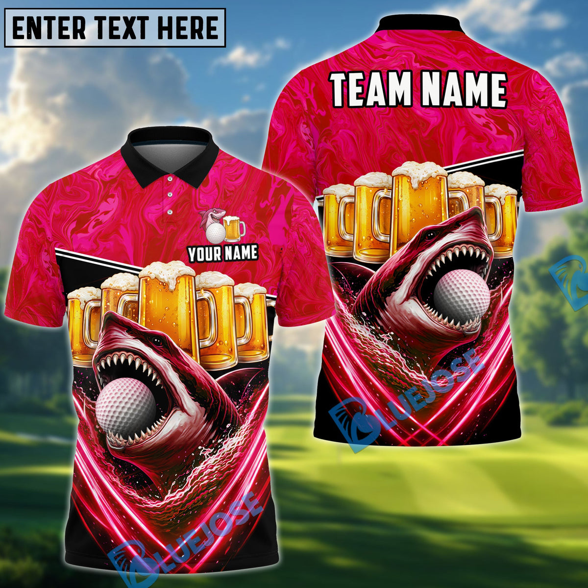 BlueJose Shark & Beer Golf Polo Personalized Name, Team Name 3D Shirt (4 Colors)