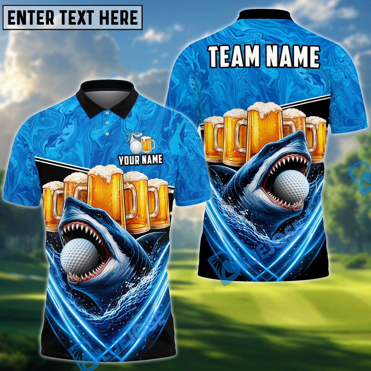 BlueJose Shark & Beer Golf Polo Personalized Name, Team Name 3D Shirt (4 Colors)