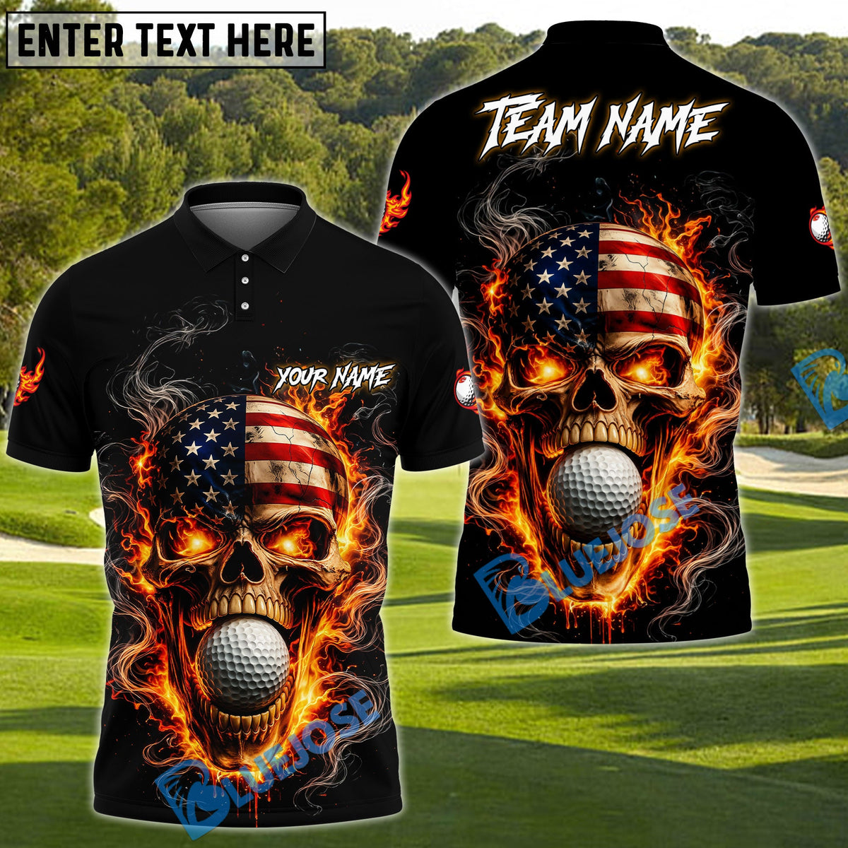 BlueJose Patriotic Skull Fire Golf Polo Personalized Name, Team Name 3D Shirt (4 Colors)