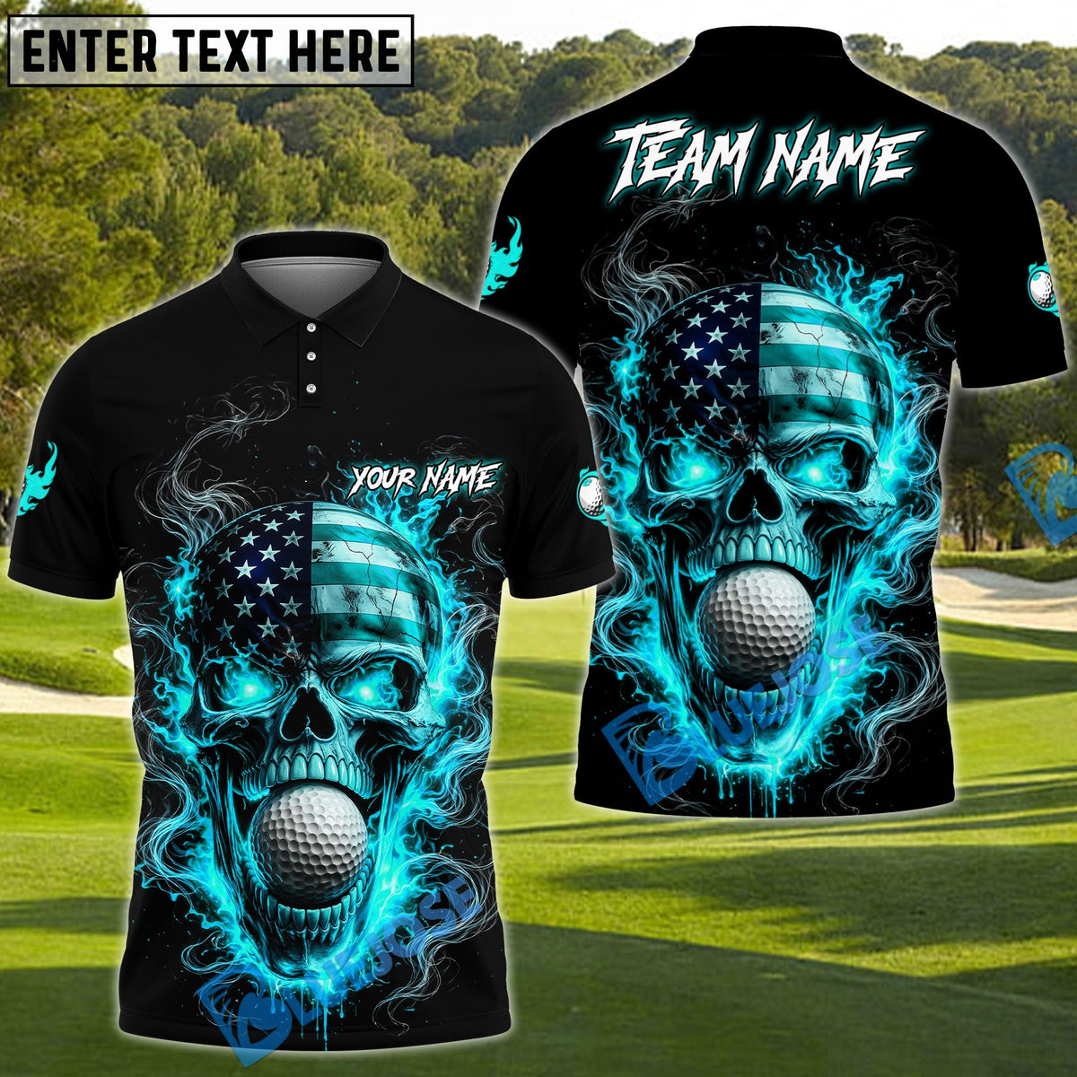 BlueJose Patriotic Skull Fire Golf Polo Personalized Name, Team Name 3D Shirt (4 Colors)