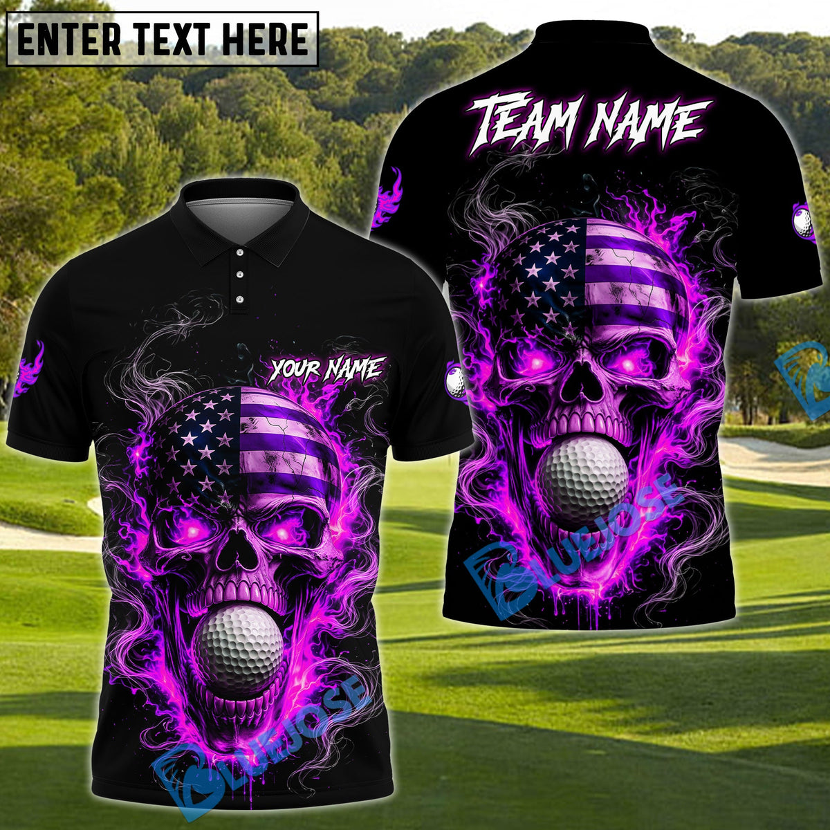 BlueJose Patriotic Skull Fire Golf Polo Personalized Name, Team Name 3D Shirt (4 Colors)