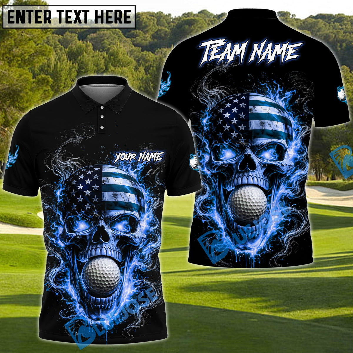BlueJose Patriotic Skull Fire Golf Polo Personalized Name, Team Name 3D Shirt (4 Colors)