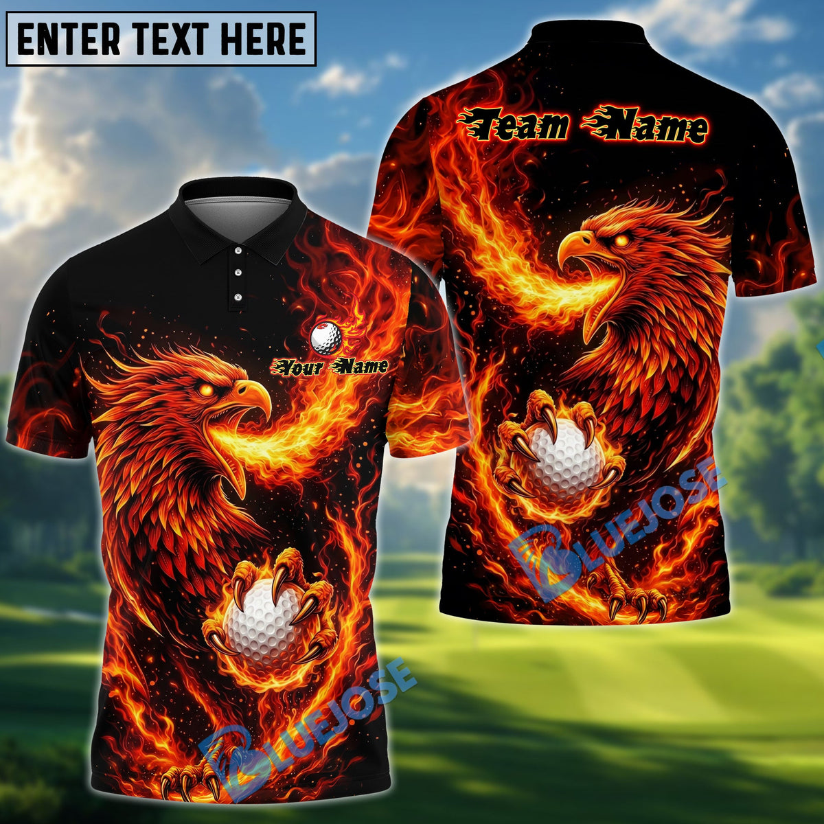 BlueJose Blazing Phoenix Golf Polo Personalized Name, Team Name 3D Shirt (4 Colors)