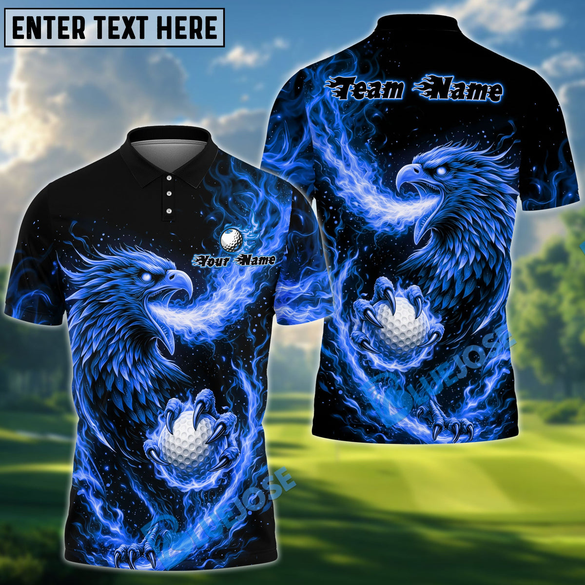 BlueJose Blazing Phoenix Golf Polo Personalized Name, Team Name 3D Shirt (4 Colors)