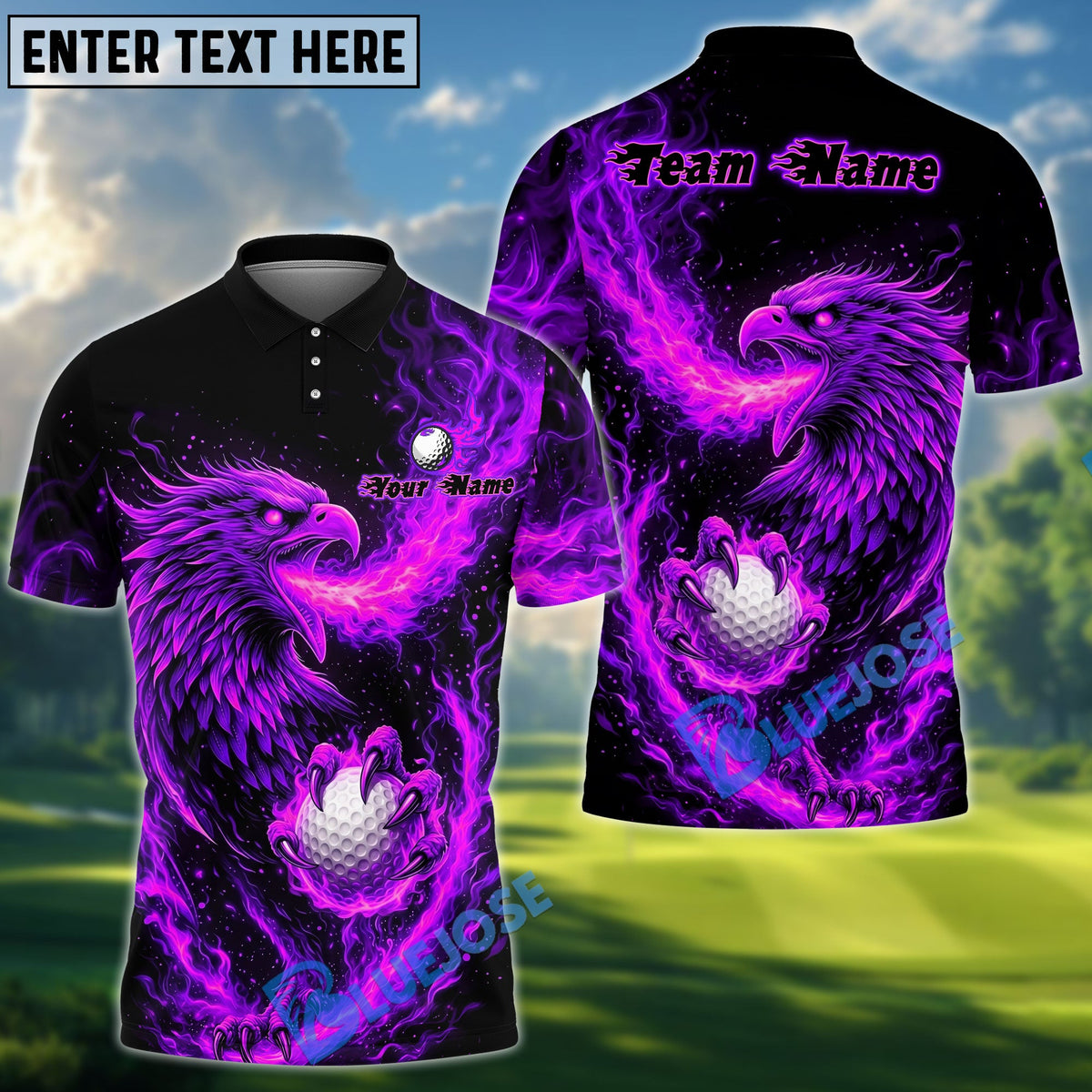 BlueJose Blazing Phoenix Golf Polo Personalized Name, Team Name 3D Shirt (4 Colors)