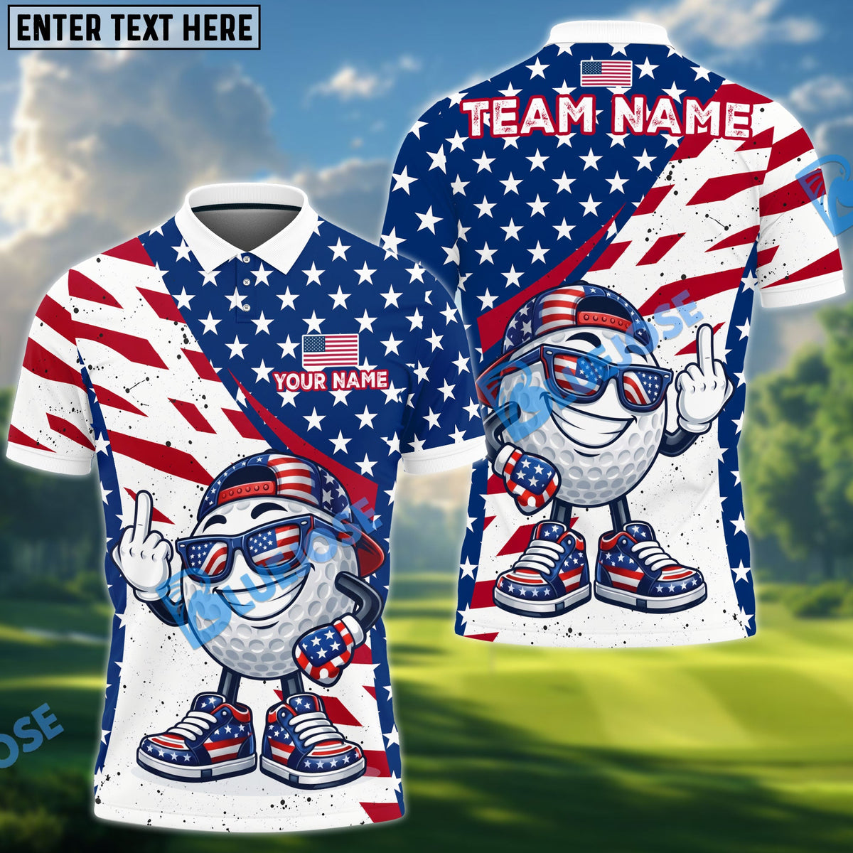BlueJose Golf USA Flag Funny Ball Design Customized Name, Team Name Shirts