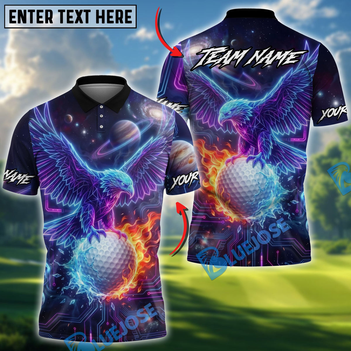 BlueJose Golf Cyber Neon Eagle Fire Design Customized Name, Team Name Shirts