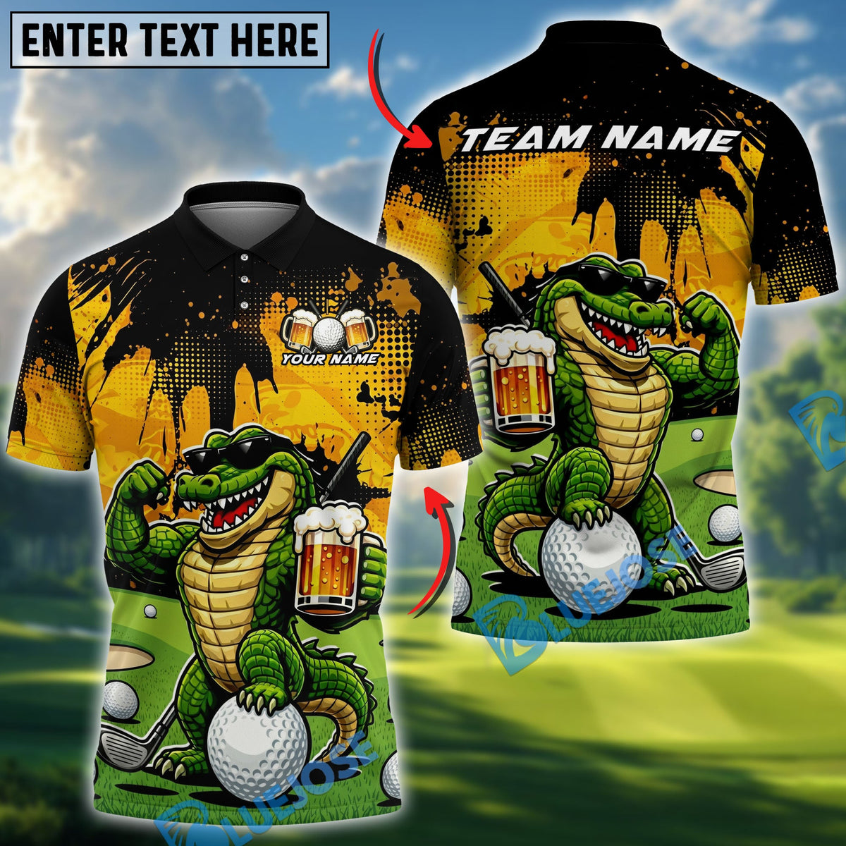 BlueJose Golf Funny Beer Alligator Design Customized Name, Team Name Shirts