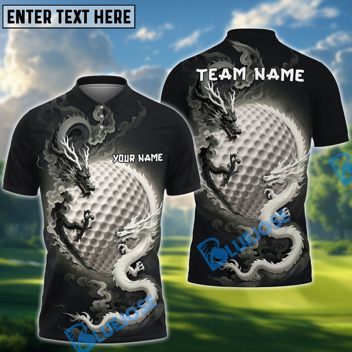 BlueJose Golf Double Dragon Black White Design Customized Name, Team Name Shirts