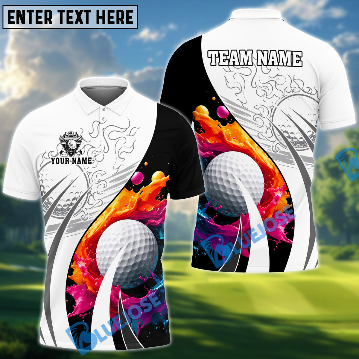 BlueJose Golf Colorful Paint Design Customized Name, Team Name Shirts