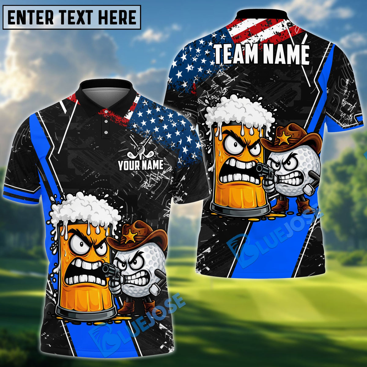 BlueJose Golf Funny Cowboy Beer Design Customized Name, Team Name Shirts (2 colors)