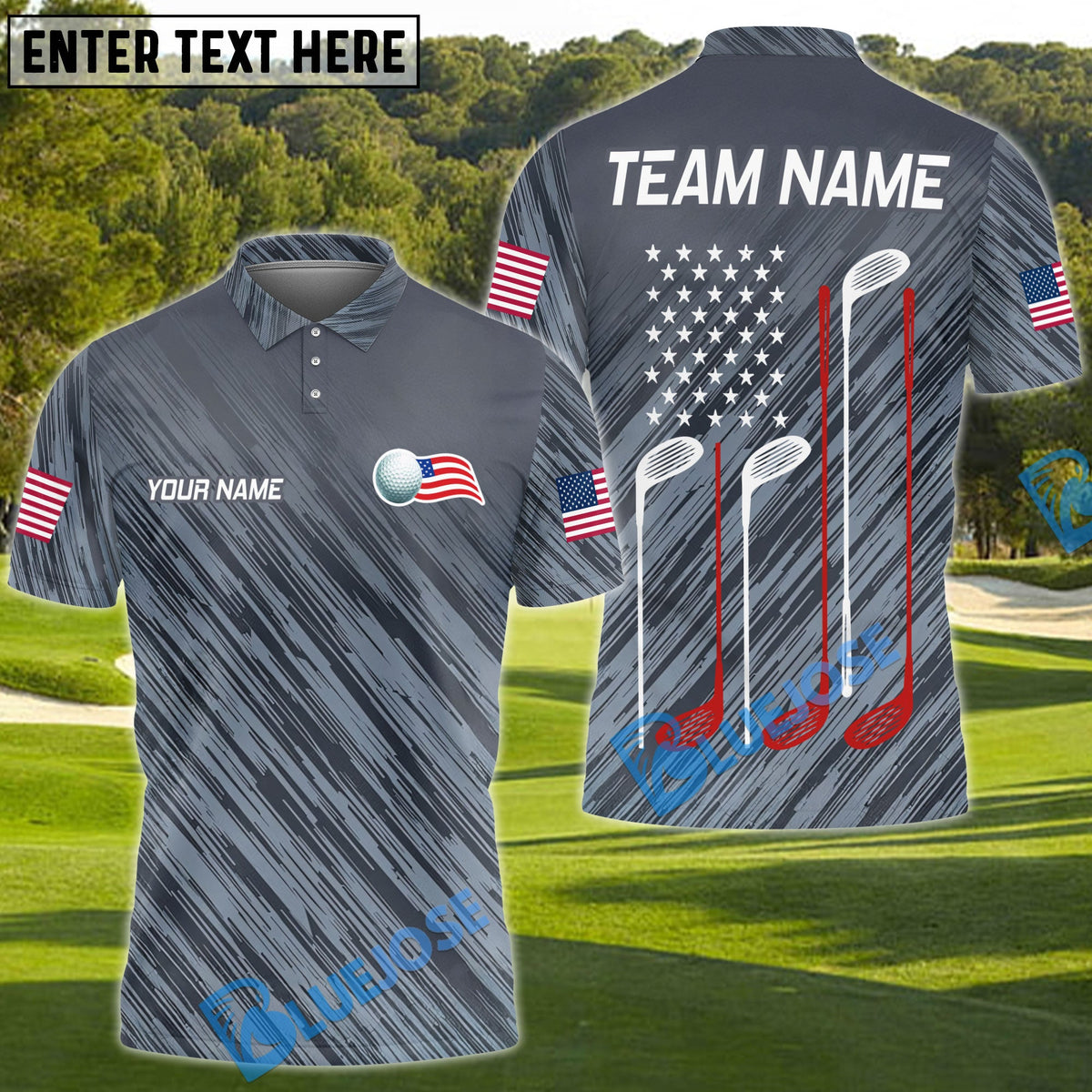 BlueJose Golf American Flag And Clubs Design Customized Name, Team Name Shirts