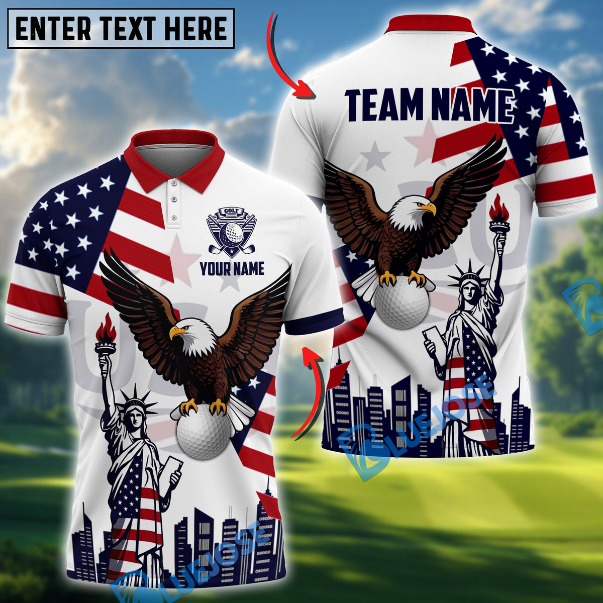 BlueJose Golf American Flag Eagle Liberty Master Customized Name, Team Name Shirts