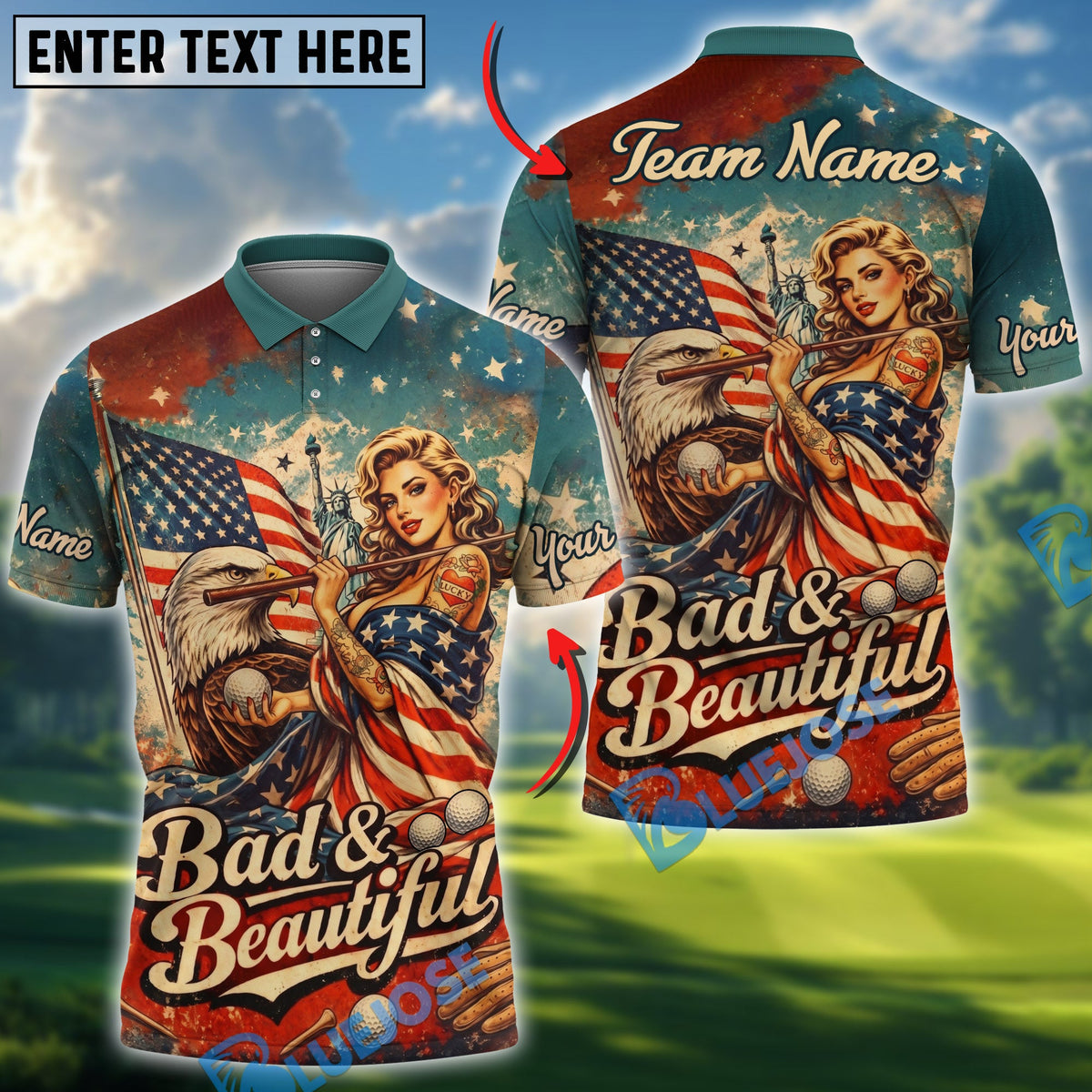 BlueJose Golf American Flag Vintage "Bad & Beautiful" Patriotic Customized Name, Team Name Shirts