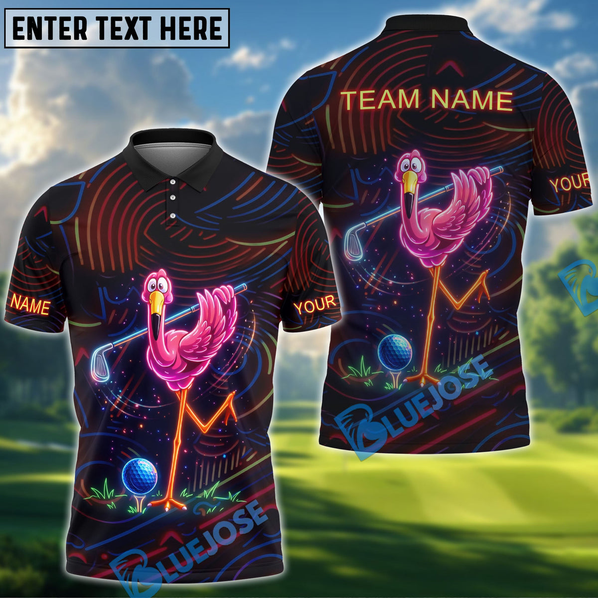 BlueJose Golf Neon Flamingo Fun Art Customized Name, Team Name Shirts