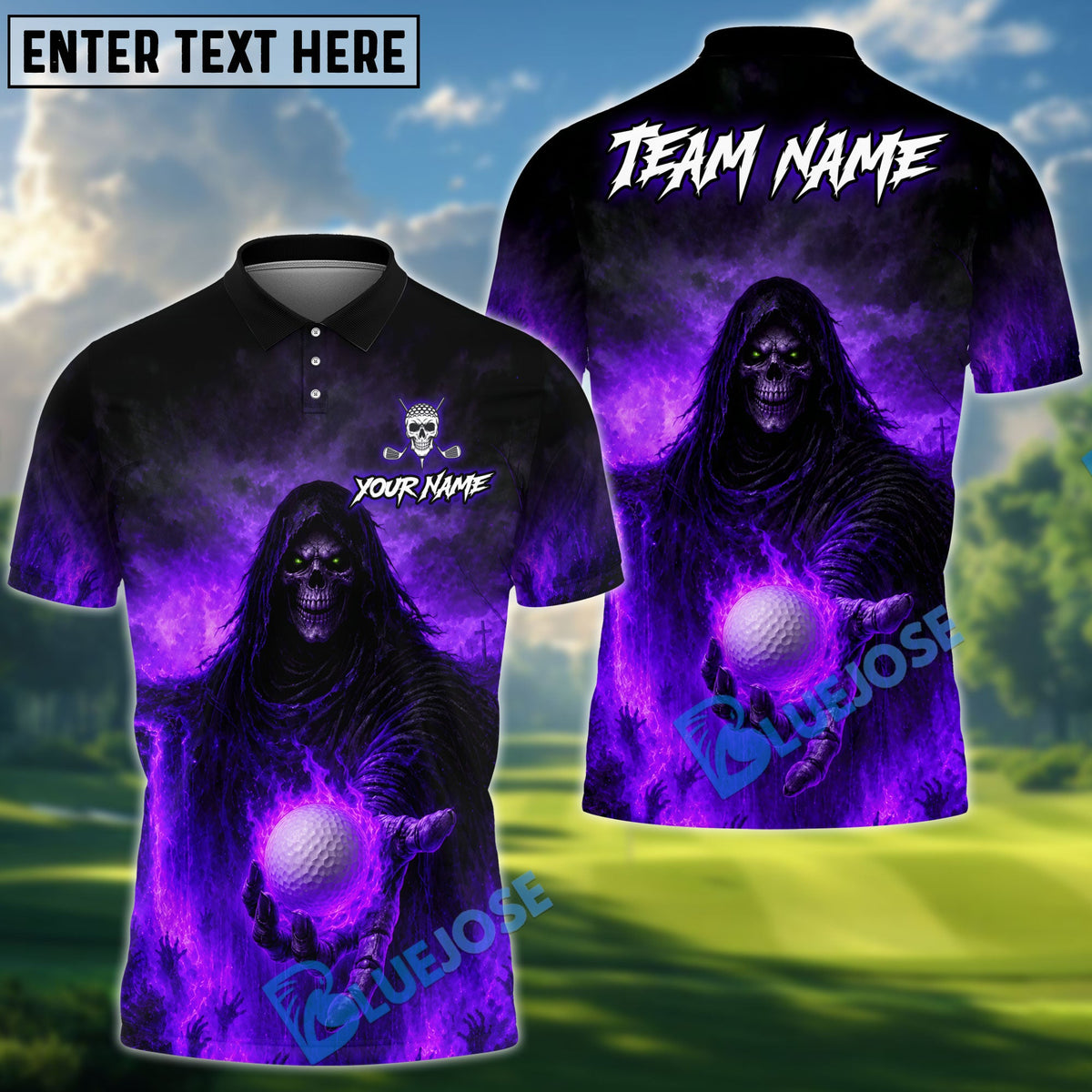BlueJose Golf Grim Reaper Hellfire Design Personalized Name, Team Name 3D Shirt (4 Colors)