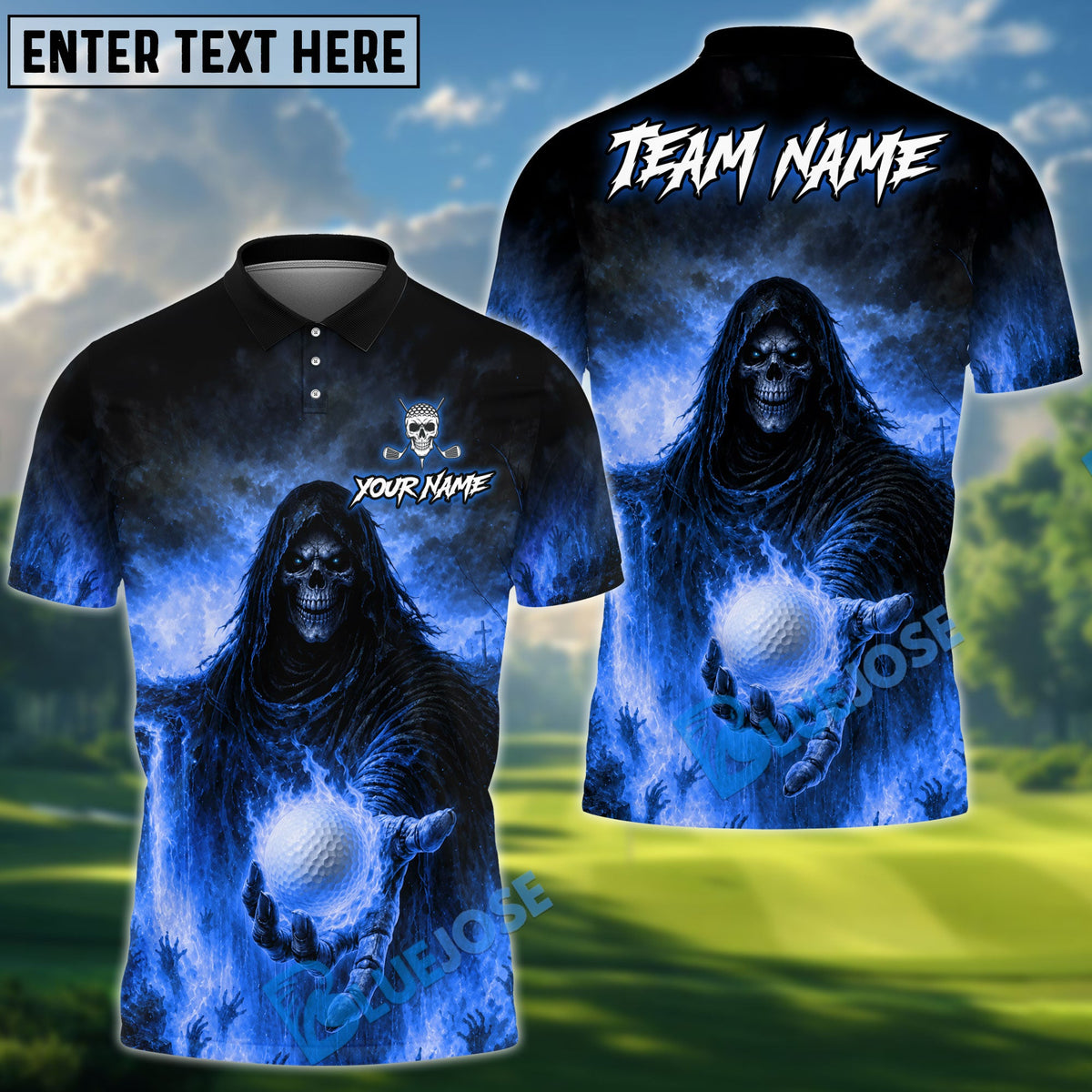 BlueJose Golf Grim Reaper Hellfire Design Personalized Name, Team Name 3D Shirt (4 Colors)