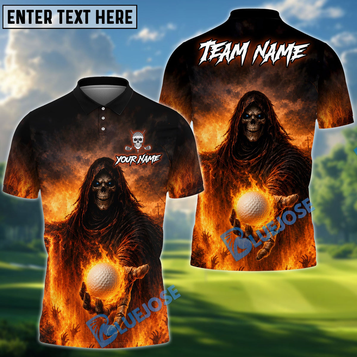 BlueJose Golf Grim Reaper Hellfire Design Personalized Name, Team Name 3D Shirt (4 Colors)