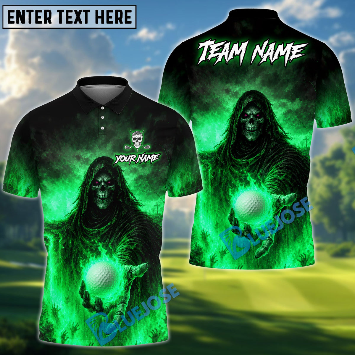 BlueJose Golf Grim Reaper Hellfire Design Personalized Name, Team Name 3D Shirt (4 Colors)