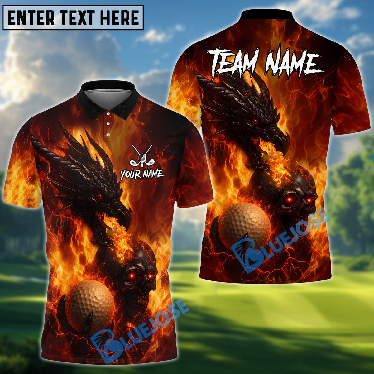 BlueJose Golf Flame Dragon And Skull Design Personalized Name, Team Name 3D Shirt (4 Colors)