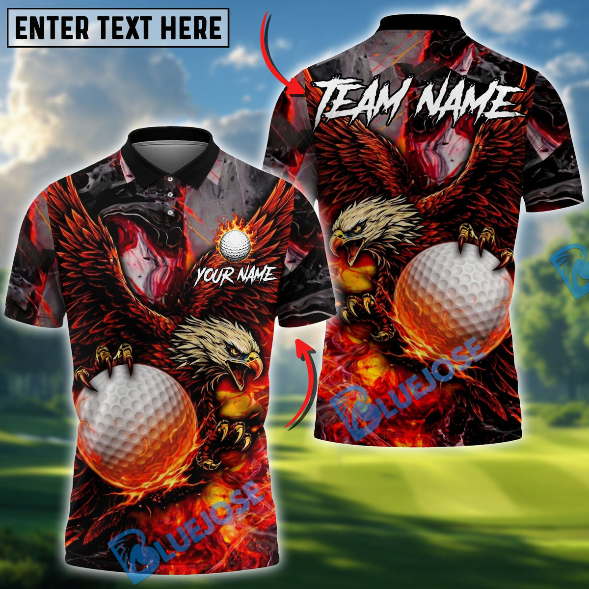BlueJose Golf Fire King Eagle Design Personalized Name, Team Name 3D Shirt (4 Colors)