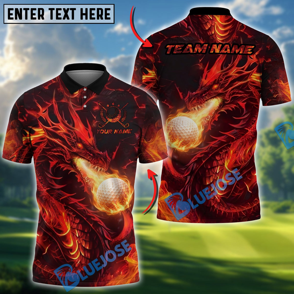 BlueJose Golf Fire Dragon Breath Design Personalized Name, Team Name 3D Shirt (4 Colors)