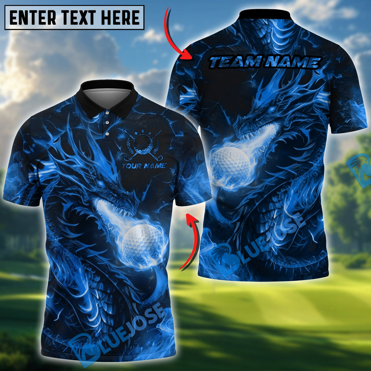 BlueJose Golf Fire Dragon Breath Design Personalized Name, Team Name 3D Shirt (4 Colors)