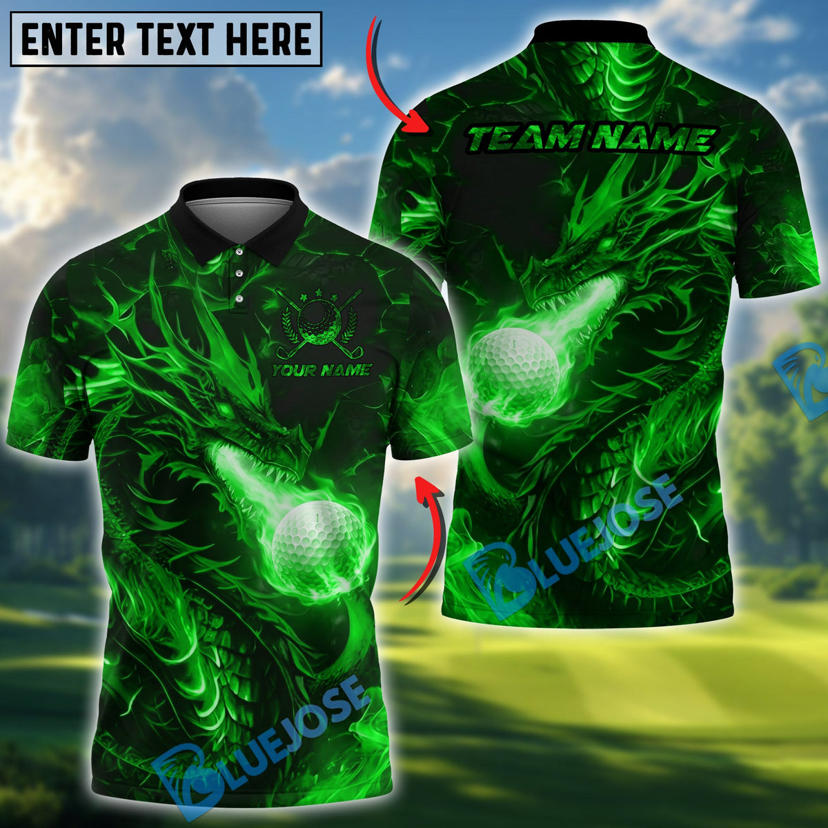 BlueJose Golf Fire Dragon Breath Design Personalized Name, Team Name 3D Shirt (4 Colors)