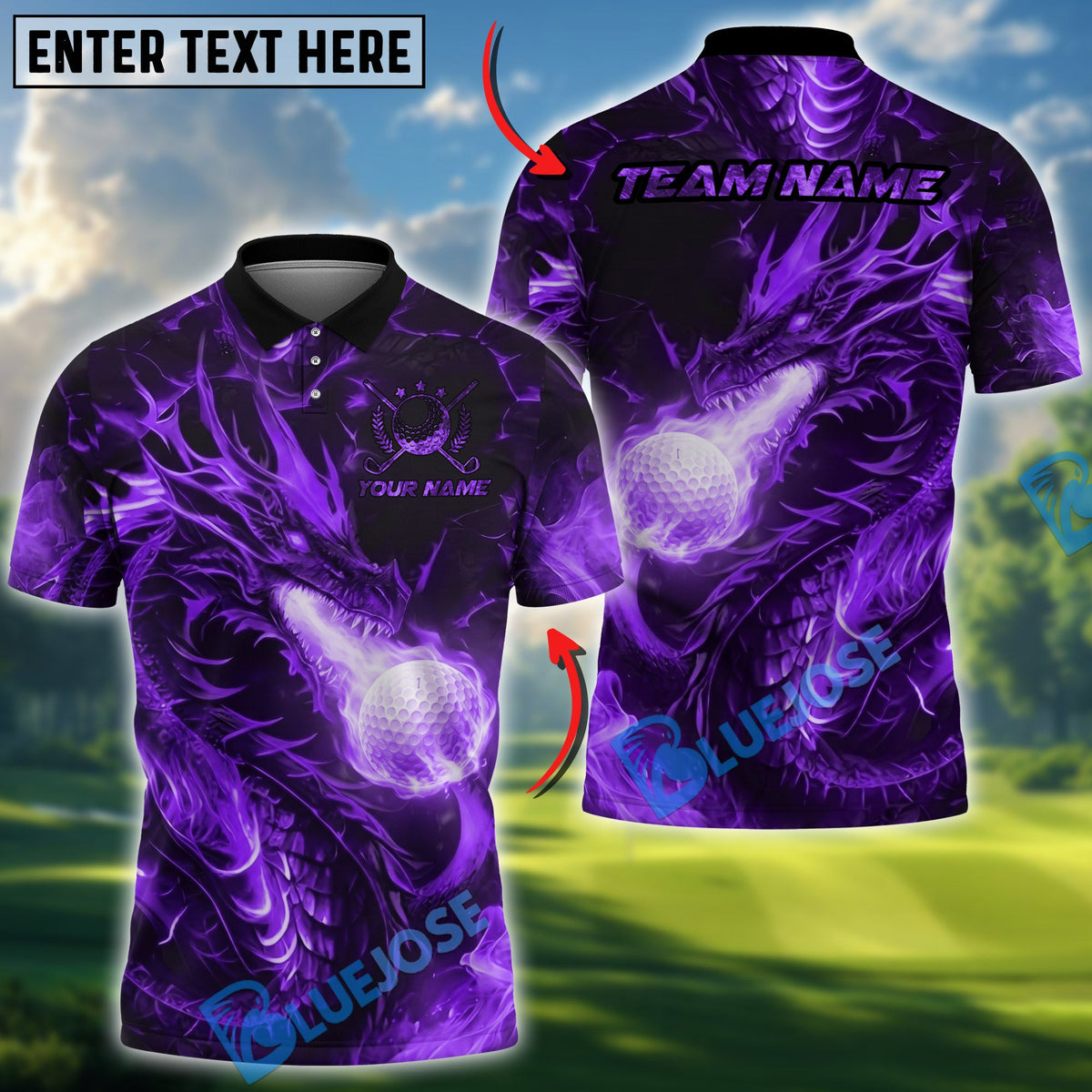 BlueJose Golf Fire Dragon Breath Design Personalized Name, Team Name 3D Shirt (4 Colors)