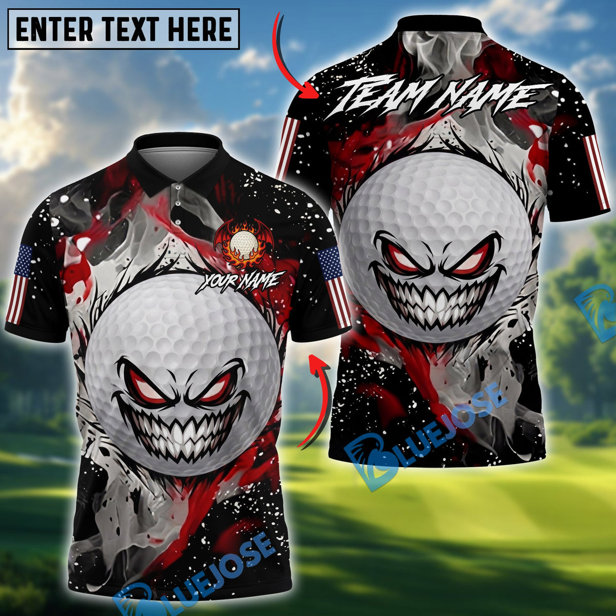 BlueJose Golf Evil Fire Monster American Flag Design Personalized Name, Team Name 3D Shirt (4 Colors)