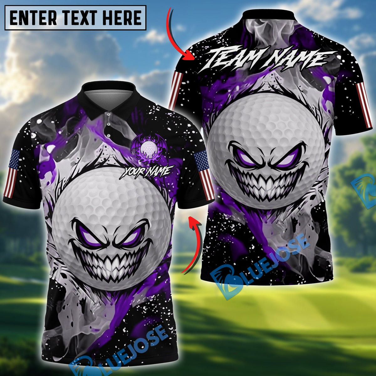 BlueJose Golf Evil Fire Monster American Flag Design Personalized Name, Team Name 3D Shirt (4 Colors)
