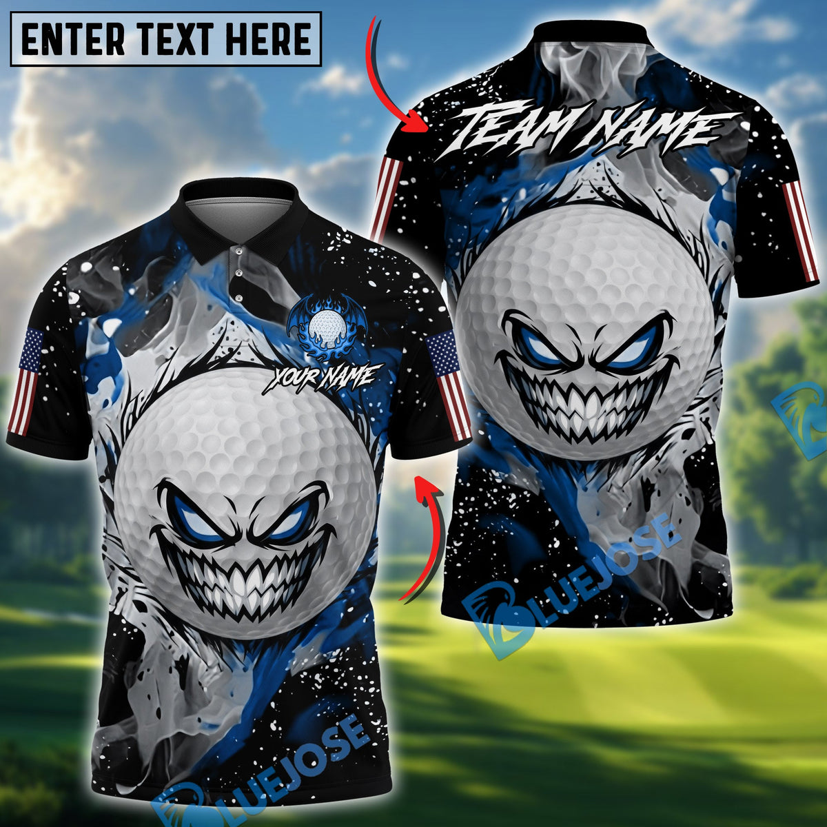 BlueJose Golf Evil Fire Monster American Flag Design Personalized Name, Team Name 3D Shirt (4 Colors)