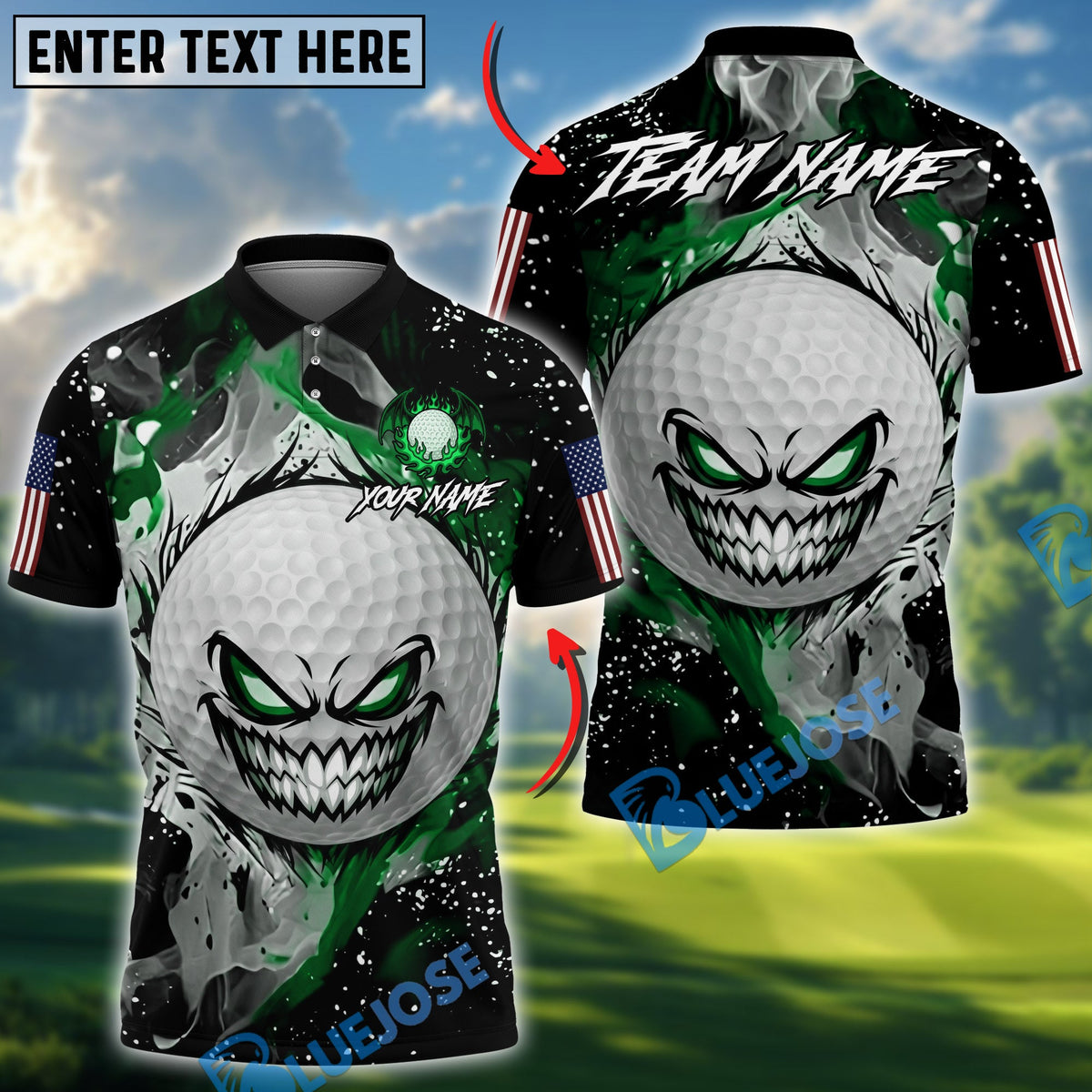 BlueJose Golf Evil Fire Monster American Flag Design Personalized Name, Team Name 3D Shirt (4 Colors)