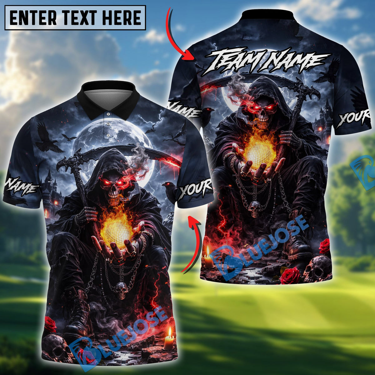 BlueJose Golf Dark Night Reaper Design Personalized Name, Team Name 3D Shirt (4 Colors)